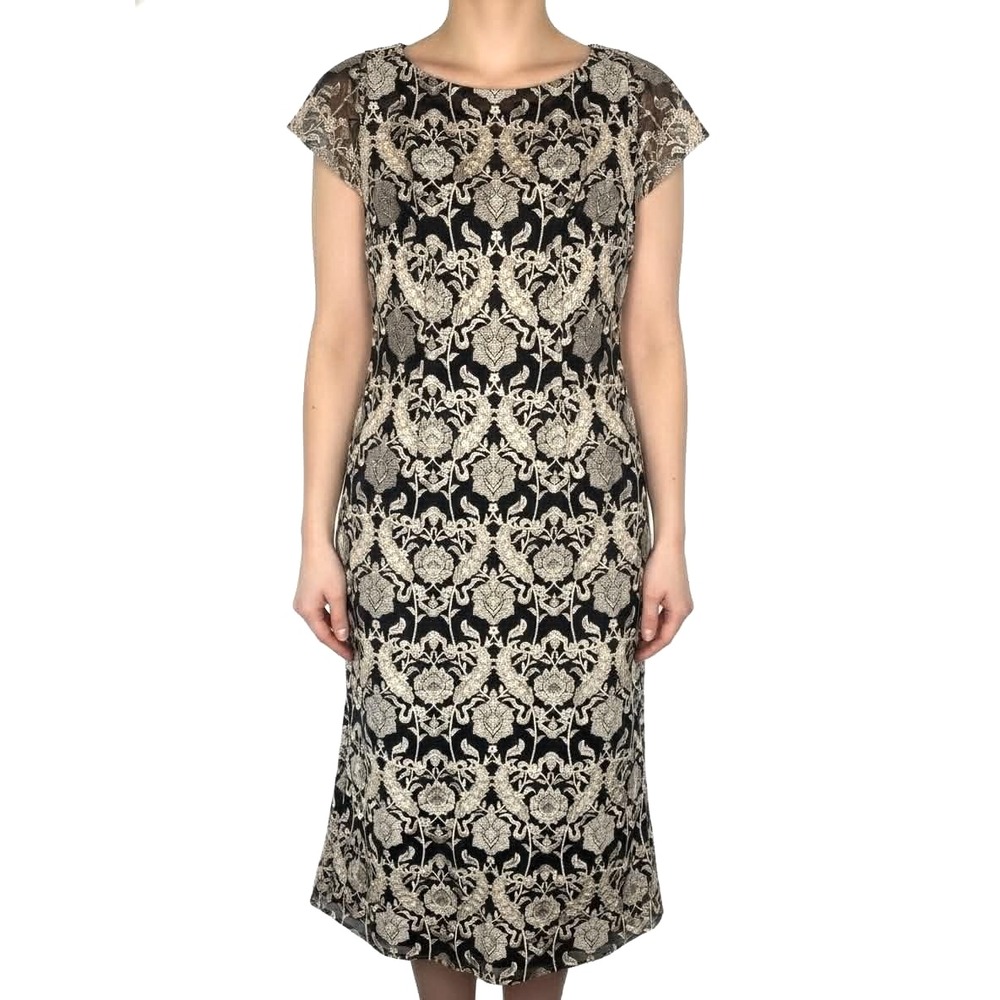 JS Collections Black & Ivory, Gold Embroidered Lace Baroque Midi Dress size 4